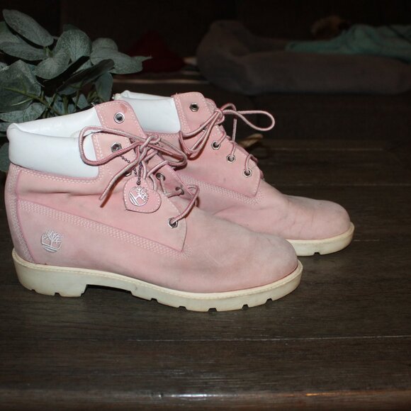 timberland pink leather hiking boots size 7M preowned - Picture 1 of 5